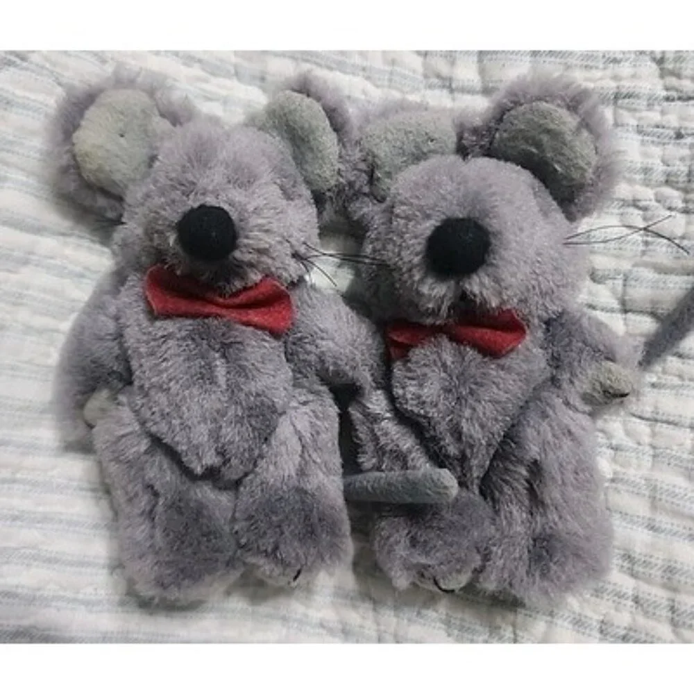 Wangs Articulated  Pair Of Cute Mice With Red Bowties, Gray Fuzzy With Long Tail
